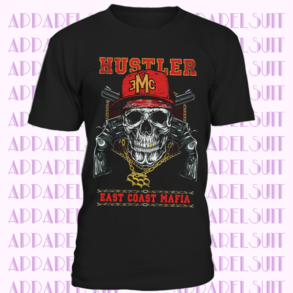 Hustler East Coast Mafia T-Shirt Uomo Teschio Gangster Rapper Hip Hop