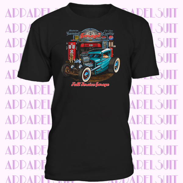 Hot Rod Garage T-shirt Historic Route 66 Old School Drag Racing Men's Tee